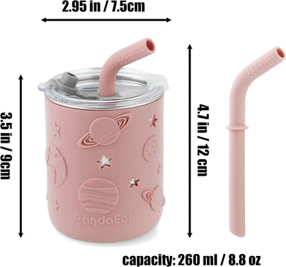 PandaEar Conjunto de alimentação infantil com 8 peças em aço inoxidável | 2 pratos divididos com ventosa, 2 copos de transição com canudo, 2 colheres e 2 garfos | Conjunto para introdução alimentar infantil livre de BPA