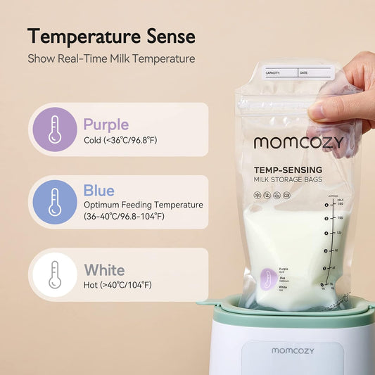 Momcozy Sacos de armazenamento de leite materno, sacos de armazenamento de leite com descoloração com detecção de temperatura para amamentação, saco de armazenamento de leite descartável com suporte autônomo de 6 onças