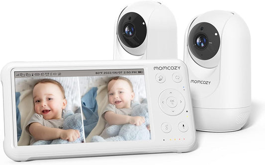 momcozy Babá eletrônica com 2 câmeras, tela dividida de 5 polegadas 1080P com lente grande angular integrada, câmera e áudio, sem Wi-Fi, bateria de 5000 mAh, visão noturna infravermelha, alcance de 293 metros.
