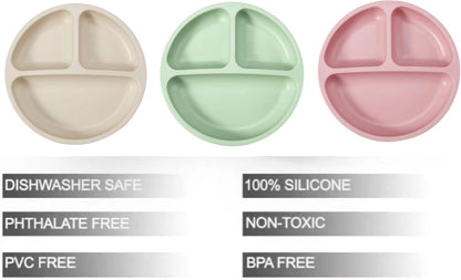 PandaEar Conjunto de 3 pratos divididos de silicone inquebrável para bebês e crianças pequenas da - Antiderrapantes - Podem ser lavados na lava-louças e usados no micro-ondas - Silicone (Rosa, Verde e Bege Claro)