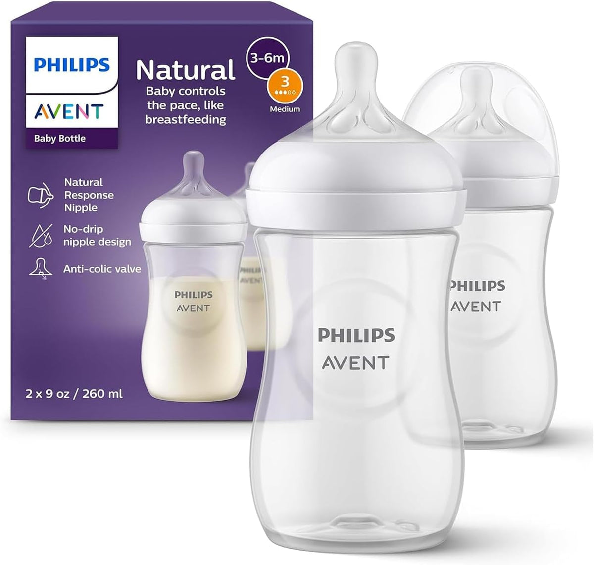 Philips Mamadeira Avent Natural Response – 2 unidades de 260 ml, para recém-nascidos e bebês maiores, livre de BPA, a partir de 1 mês (Modelo SCY903/02)