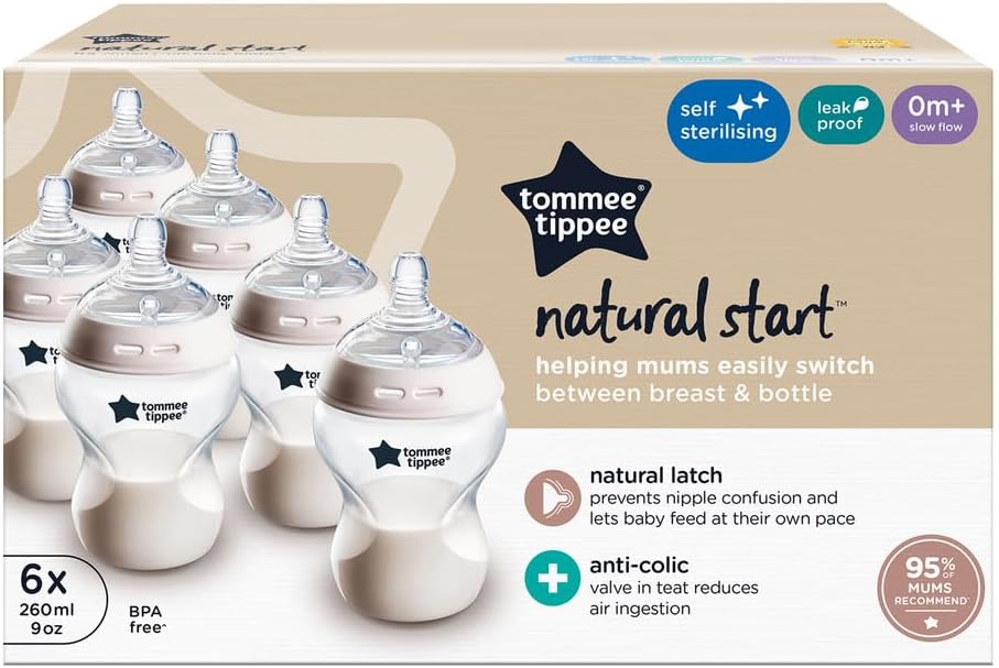 Tommee Tippee Mamadeiras Natural Start para bebês a partir de 0 meses, pacote com 6 unidades de 260ml, com bico de fluxo lento semelhante ao seio materno para uma pega natural, autoesterilizáveis e livres de BPA, essenciais para a alimentação do bebê.