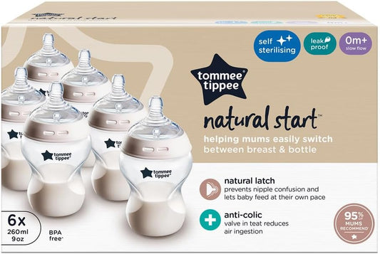 Tommee Tippee Mamadeiras Natural Start para bebês a partir de 0 meses, pacote com 6 unidades de 260ml, com bico de fluxo lento semelhante ao seio materno para uma pega natural, autoesterilizáveis e livres de BPA, essenciais para a alimentação do bebê.