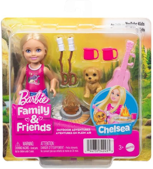 Barbie Chelsea Outdoor Adventures Playset, Family & Friends Set with Small Blonde Doll, Pet Puppy & 5+ Camping Accessories, JJV61