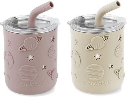 PandaEar Conjunto de 2 Copos de Treinamento em Aço Inoxidável – Copo para Bebê a partir de 6 Meses, Copo Antivazamento com Canudo, Copo com Canudo para Bebê e Copo de Introdução Alimentar para Crianças, Copo Antivazamento (260ml)