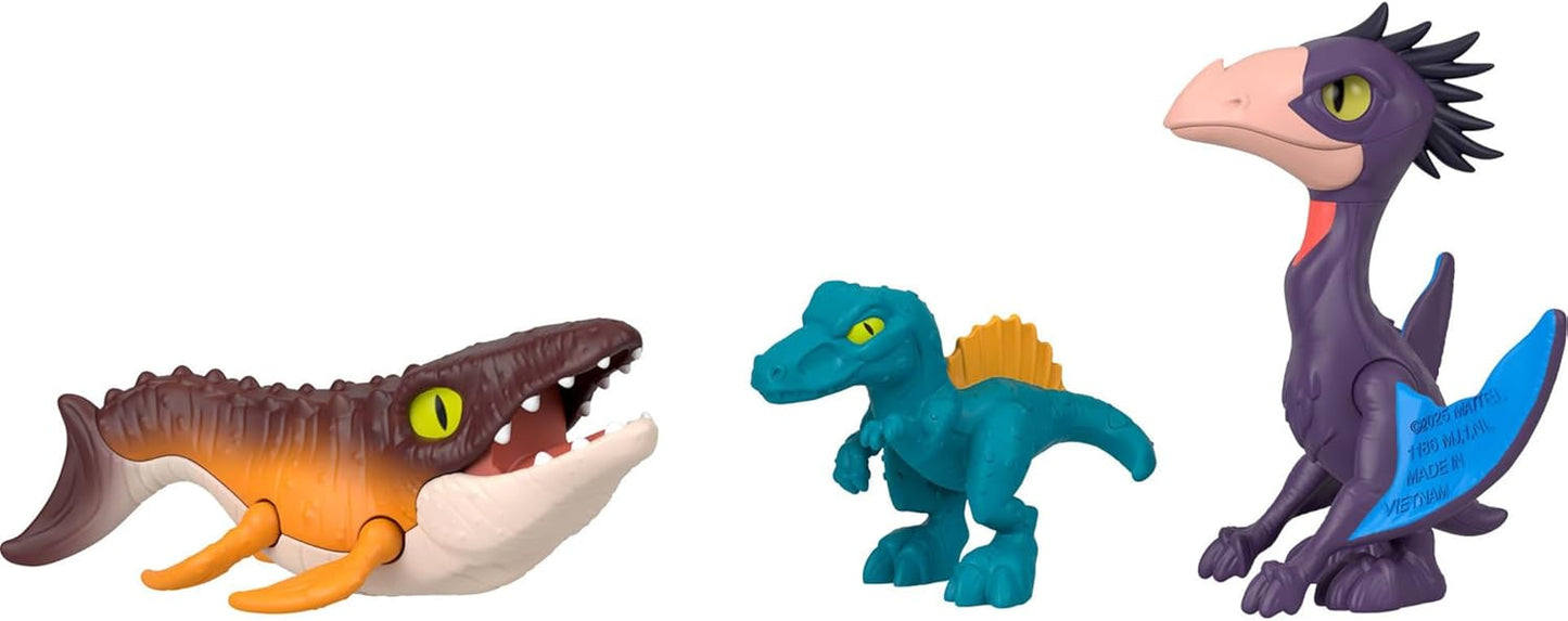 Fisher-Price Conjunto de figuras de ação Imaginext Jurassic World Rebirth com 1 humano de 7,6 cm, 5 dinossauros, lançador de brinquedos e acessórios, JFR25