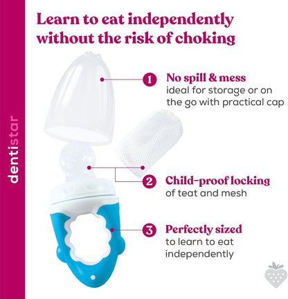 dentistar Comedouro de silicone para frutas e vegetais para bebês - a partir de 6 meses - pacote de 2 - conjunto de 5 peças (tampa protetora, tetina de silicone, rede, anel de parafuso, alça) - sem BPA - azul