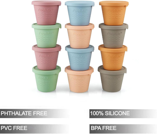 PandaEar Conjunto de 12 Potes de Silicone para Alimentos de Bebê, Potes Reutilizáveis de 120ml com Tampas, Potes Pequenos para Alimentos, Antivazamento, Ideais para a Introdução Alimentar do Bebê e para Congelar