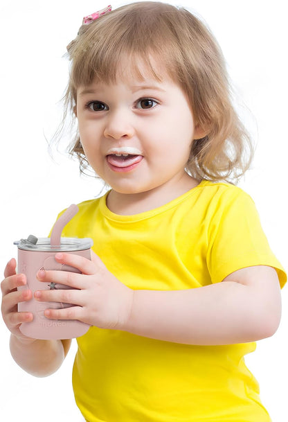 PandaEar Conjunto de 2 copos infantis em aço inoxidável com tampas e protetores de silicone, além de 2 colheres e garfos, copos de treinamento de 260 ml (8,8 oz) à prova de vazamentos com canudo, livres de BPA (rosa claro/linho)