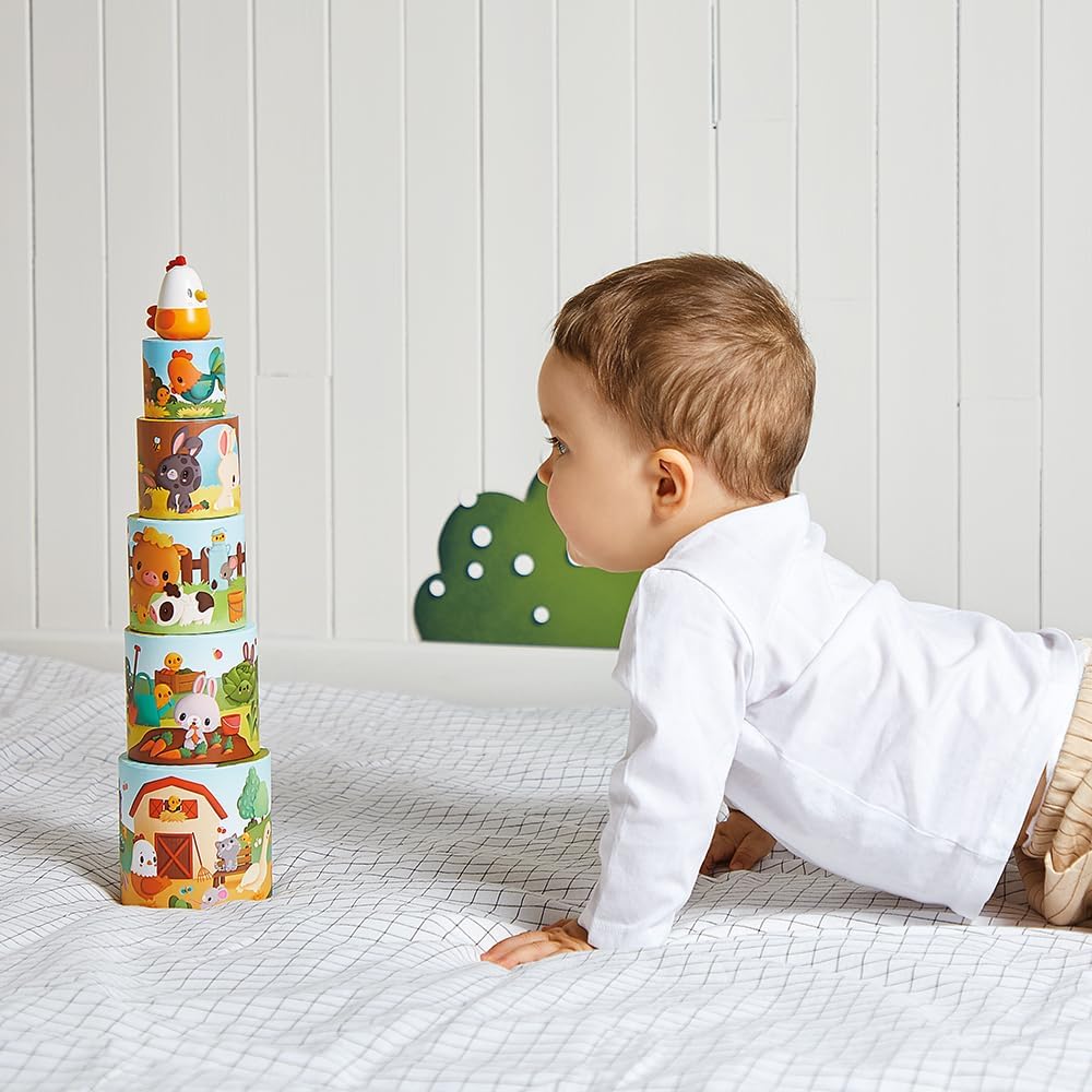 Janod - Minha Primeira Pirâmide - Animais de Fazenda - Brinquedo de Aprendizagem Precoce - 5 Cubos de Empilhamento + 1 Galinha de Madeira - Desenvolve Destreza e Imaginação - 12 Meses +,