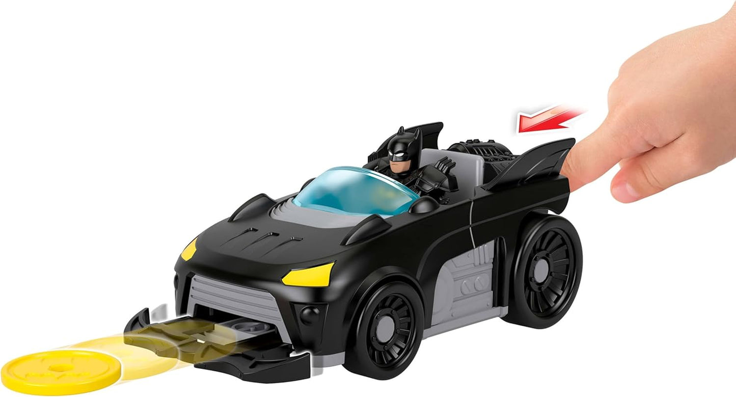 Fisher-Price Imaginext DC Super Friends Metal Force Batmóvel, Figura de Ação do Batman de 7,6 cm e Conjunto de Acessórios, Inclui Lançador e 2 Discos, JFJ68