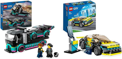 LEGO Conjunto de construção de brinquedo, veículo e transportador para carro de corrida urbano e caminhão transportador de carro para meninos e meninas de 6 anos ou mais com rampa de carregamento ajustável, minifiguras de piloto e motorista, presente