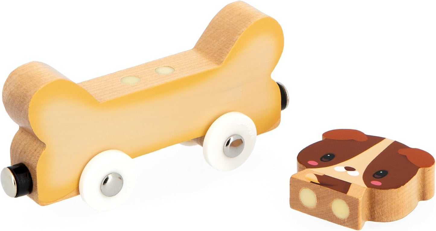 Janod - Mascotas Magnéticas - Juguete de Aprendizaje Temprano - 3 Vehículos + 3 Animales de Madera - Desarrolla la Destreza - Juego de Madera FSC - 18 Meses +,