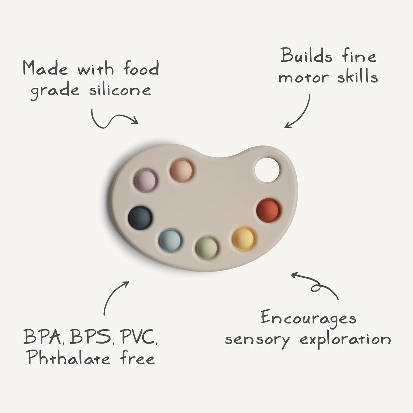 Mushie Brinquedo de apertar | Brinquedo sensorial antiestresse com bolhas | A partir de 10 meses | Brinquedo para aliviar o estresse | 100% silicone de qualidade alimentar e plástico ABS | Design de paleta de pintura (multicolorido)
