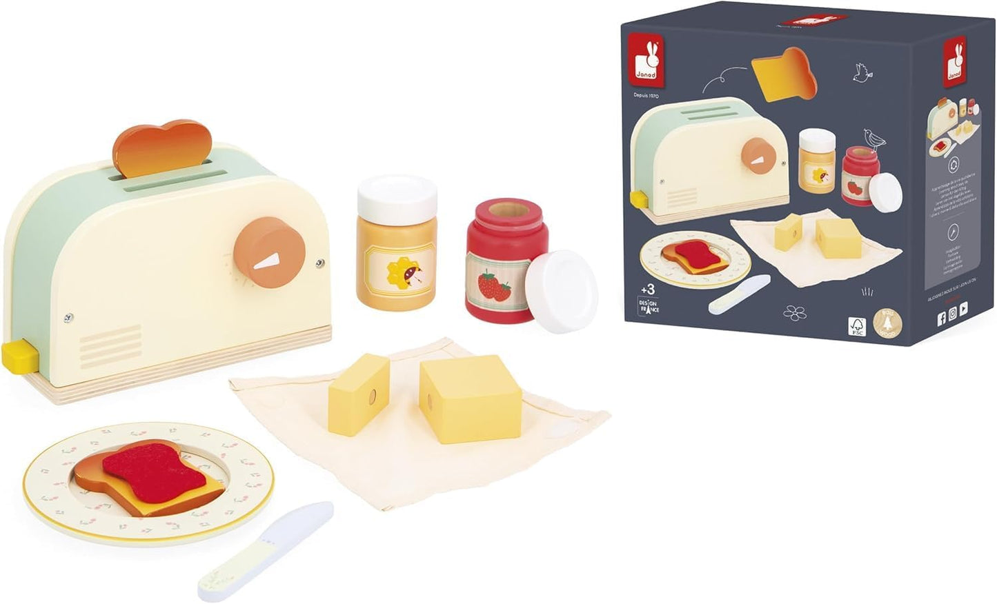 Janod - Torradeira de Madeira para Crianças - Jogo de Café da Manhã de Imitação - 10 Acessórios Inclusos - Com Torrada Saltitante - Desenvolve a Imaginação - A partir de 3 anos - J06636