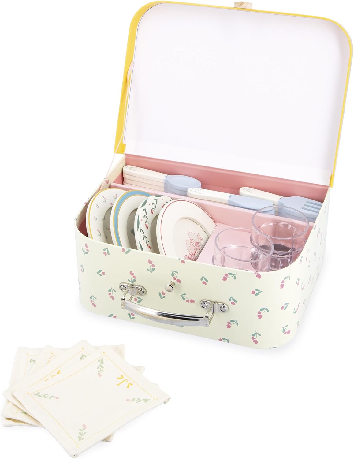 Janod - Conjunto de Jantar de Madeira - Kit de Piquenique Infantil - Para 4 Pessoas - 25 Peças - Conjunto de Papelão - Acessórios Ideais para Cozinha Infantil - Desenvolve a Imaginação - A partir de 3 anos - J06637