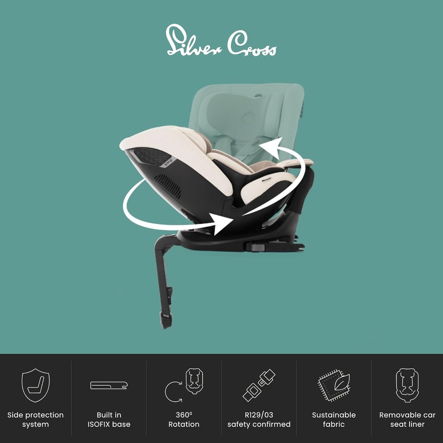 Silver Cross Cadeira auto Motion All Size 2 360 - Recém-nascido a 12 anos - Cadeira auto Isofix - Cinto de segurança de 5 pontos - Rotação 360° - Amêndoa