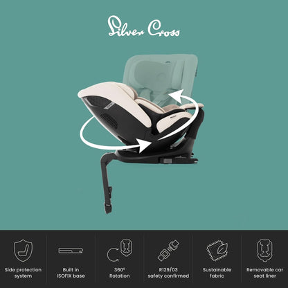 Silver Cross Cadeira auto Motion All Size 2 360 - Recém-nascido a 12 anos - Cadeira auto Isofix - Cinto de segurança de 5 pontos - Rotação 360° - Amêndoa