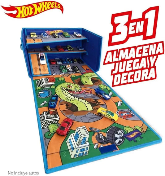 Hot Wheels Caixa de Garagem com Tapete de Brincar - 3 em 1 Caixa de Armazenamento Dobrável para Carrinhos com Pistas de Velocidade | Armazenamento para Carrinhos de Brinquedo (Carrinhos Não Inclusos)