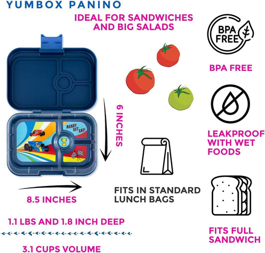 Yumbox yumbox Panino Fiambrera Bento a prueba de fugas para niños y adultos (Monte Carlo Blue (bandeja de coches de carreras))