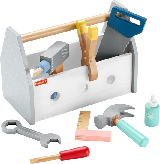 Fisher-Price Caixa de Ferramentas de Brinquedo de Madeira com Furadeira, Conjunto de 9 Peças para Brincar de Construção, Ideal para Crianças em Idade Pré-escolar a partir de 3 Anos, HYG50