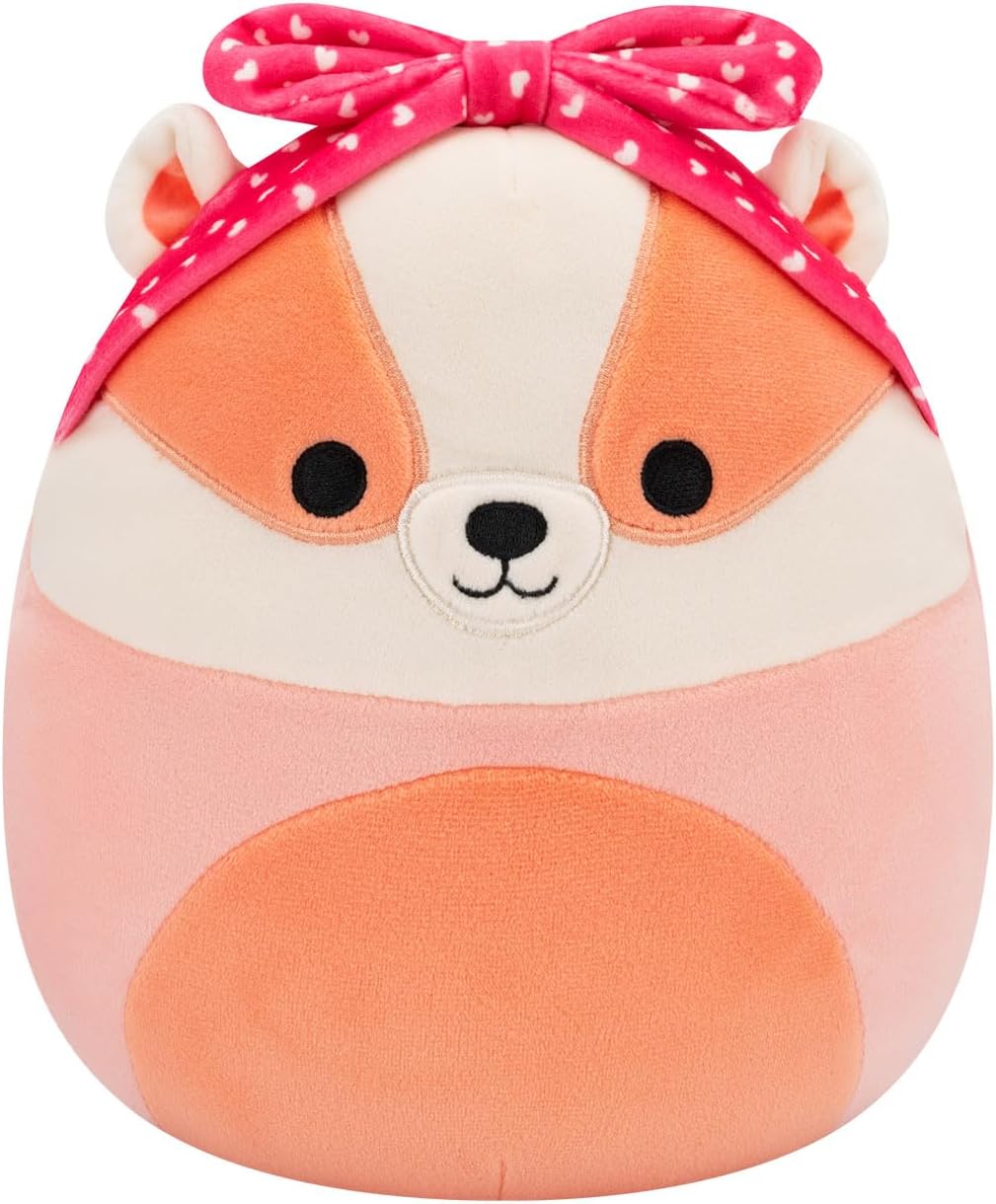 Squishmallows Original Rostam o texugo de pêssego de 7,5 polegadas com uma bandana de coração de pelúcia do dia dos namorados