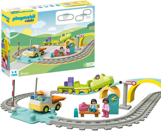 PLAYMOBIL 71593 1.2.3: Set de Tren Grande, con Coches, Barreras y Reloj, Juguete Educativo y de Desarrollo del Aprendizaje Temprano para Niños Pequeños, Set Adecuado para Niños a Partir de 12 Meses