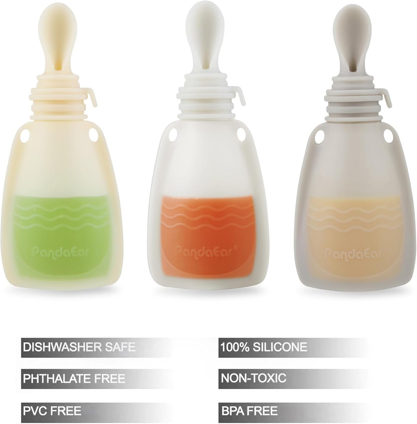 PandaEar Conjunto de 3 saquinhos de silicone reutilizáveis para papinha da, com 3 colheres dosadoras de silicone para purê e armazenamento de alimentos para bebês (cinza claro e nogueira).