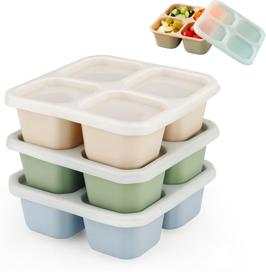 PandaEar Conjunto de 3 Lancheiras Bento, Caixas de Silicone com 4 Compartimentos para Lanches, Reutilizáveis e Divididas para Adultos, Crianças e Bebês, Ideais para Armazenar Alimentos na Escola, Trabalho e Viagens.