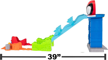 Homem-Aranha e seus Incríveis Amigos - Pista Mega Jump HQ do Homem-Aranha - Pista dupla de 99 cm com elevador, centro de controle, túneis de teia e dois veículos exclusivos da linha Amazing Metals.