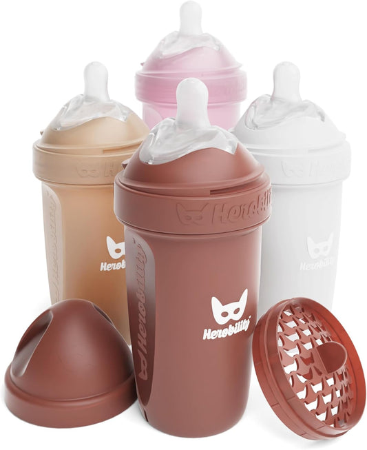 Herobility Mamadeiras anticólicas 240ml - Pacote com 4 mamadeiras de plástico, fluxo lento, bico em formato de seio para bebês amamentados - Multicores - Areia, Marmota, Rosa, Branca