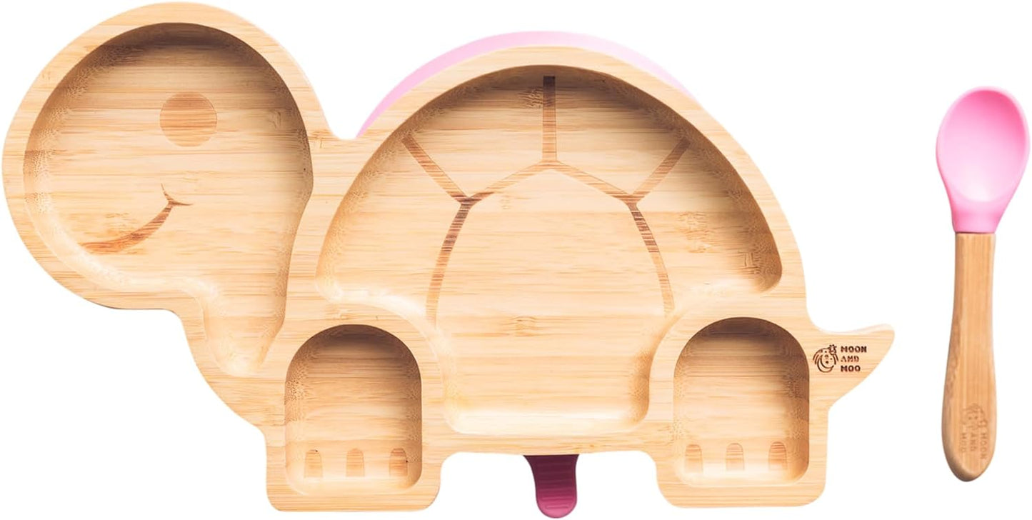 Juego de cuchara y plato de succión de bambú Moon and Moo Turtle para niños, niños pequeños y destete del bebé - No tóxico - Sin plástico - Permanece en su lugar - Plato de succión para bebé - Juego de destete para bebé (gris)