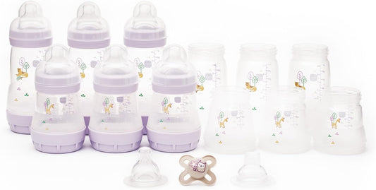 MAM Conjunto de mamadeiras anticólicas Easy Start para iniciantes | 17 peças | Inclui 6 mamadeiras e chupeta MAM Original Start de 0 a 2 meses | Conjunto de itens essenciais para recém-nascidos | Grande | Lilás (vários designs)