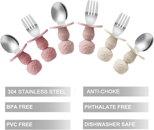 PandaEar Conjunto de Talheres Infantis com 6 Peças | Garfo e Colher de Aço Inoxidável para Bebês | Talheres Infantis | Talheres para Bebês a partir de 12 Meses com Design Antiengasgo e Apoio de Silicone