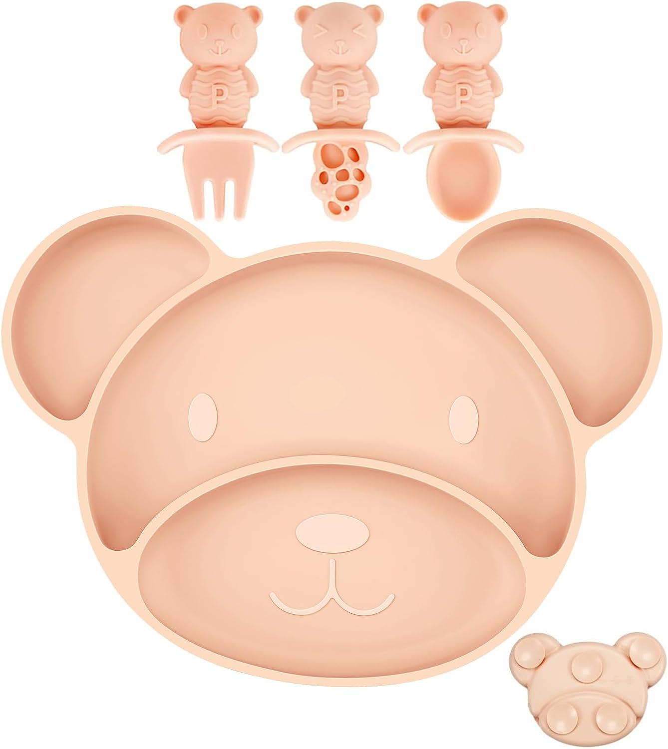 PandaEar Conjunto de prato, colher e garfo de silicone com ventosa, ideal para alimentação independente de crianças pequenas, livre de BPA, próprio para lava-louças e micro-ondas, formato de urso (rosa)