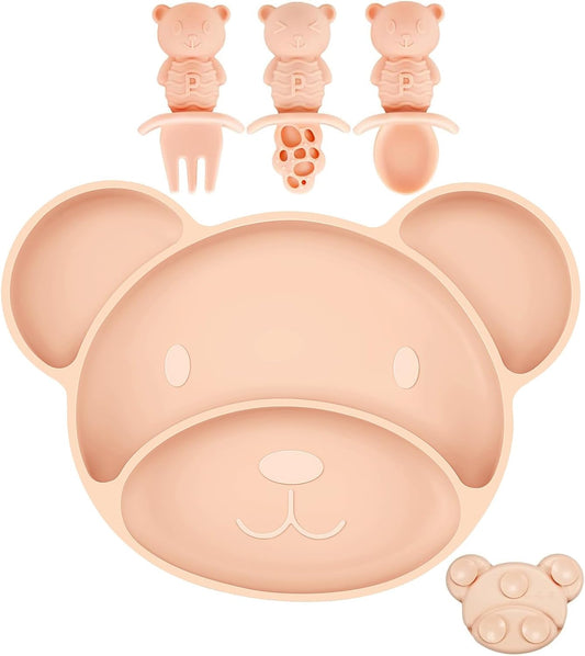PandaEar Conjunto de prato, colher e garfo de silicone com ventosa, ideal para alimentação independente de crianças pequenas, livre de BPA, próprio para lava-louças e micro-ondas, formato de urso (rosa)