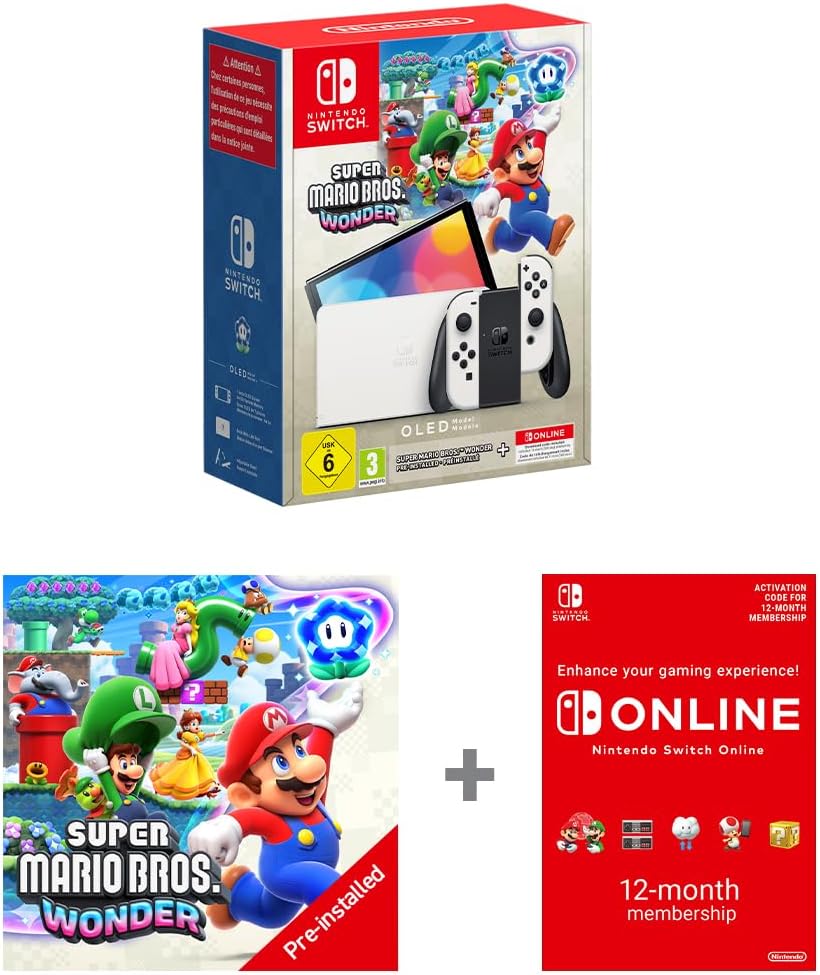 Nintendo Switch - Modelo OLED (branco) + Super Mario Bros. Wonder Switch pré-instalado online Código de resgate de assinatura de 12 meses