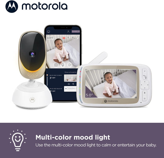 Motorola Nursery Monitor para bebês VM85 Connect com câmera – Wi-Fi e aplicativo para celular, tela de 5”, visão noturna, panorâmica/inclinação, comunicação bidirecional, canções de ninar