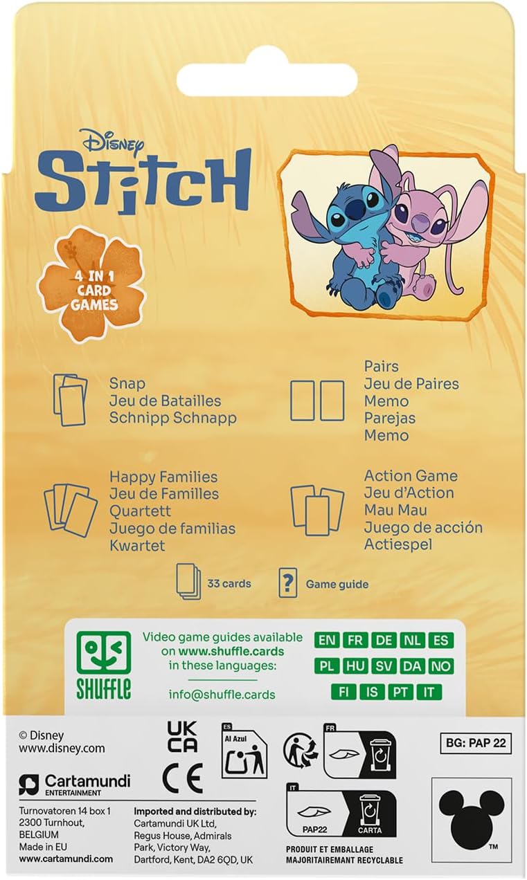 Shuffle Jogo de Cartas 4 em 1 do Stitch - 7 Famílias, Batalha, Memorando e Ação - Jogo de Cartas Disney Lilo & Stitch para Crianças, Família e Amigos - A partir de 4 anos - 2 Jogadores - Azul