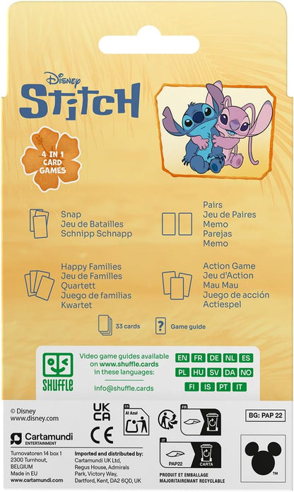Shuffle Jogo de Cartas 4 em 1 do Stitch - 7 Famílias, Batalha, Memorando e Ação - Jogo de Cartas Disney Lilo & Stitch para Crianças, Família e Amigos - A partir de 4 anos - 2 Jogadores - Azul