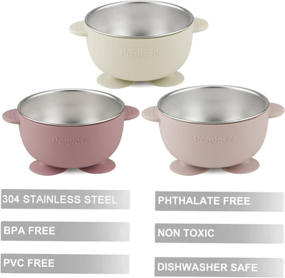 PandaEar Conjunto de 3 Tigelas de Aço Inoxidável com Ventosa, Antiderrapantes e com Capa de Silicone para Bebês e Crianças, Inquebráveis e Sem Sujeira