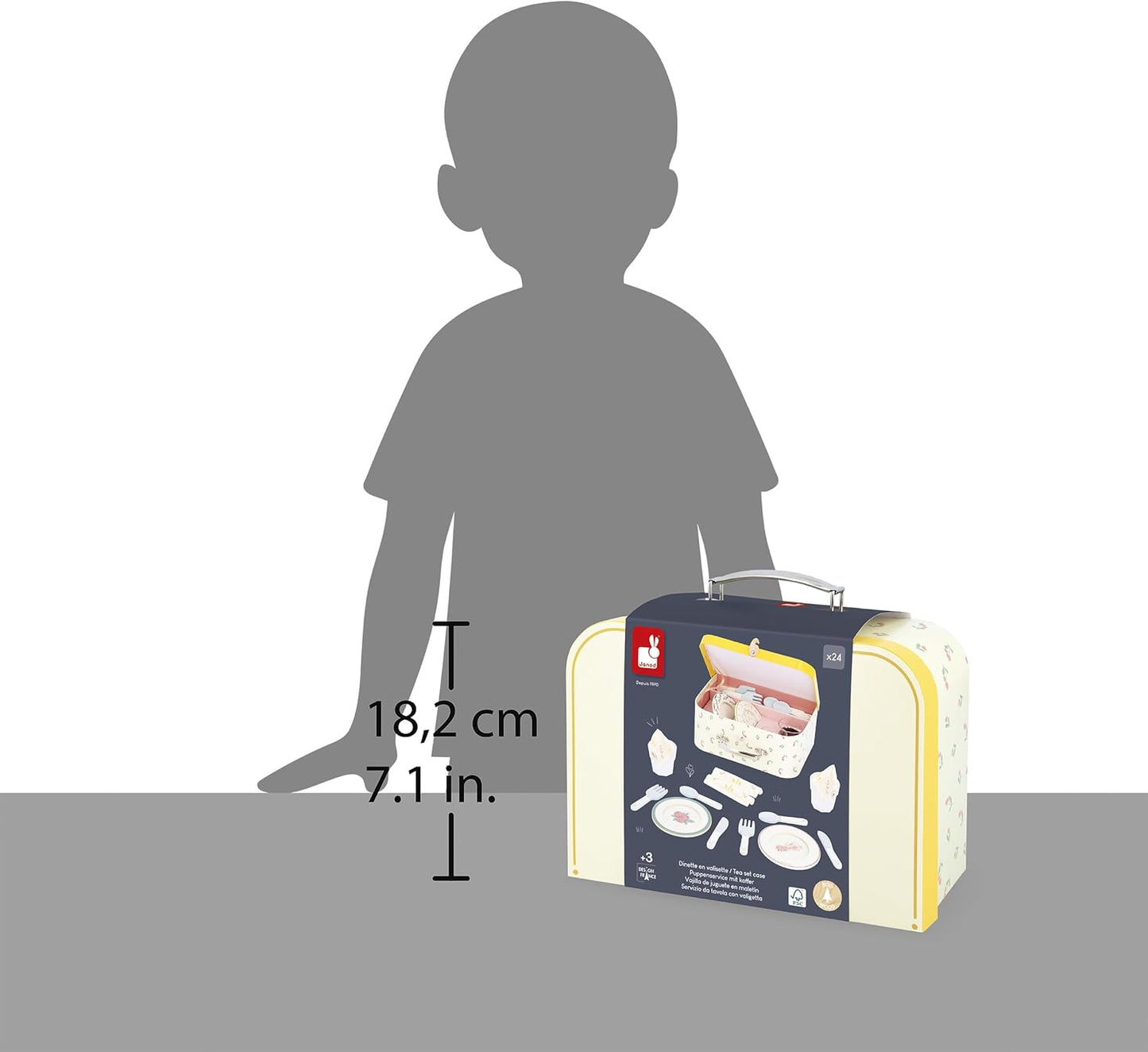 Janod - Conjunto de Jantar de Madeira - Kit de Piquenique Infantil - Para 4 Pessoas - 25 Peças - Conjunto de Papelão - Acessórios Ideais para Cozinha Infantil - Desenvolve a Imaginação - A partir de 3 anos - J06637