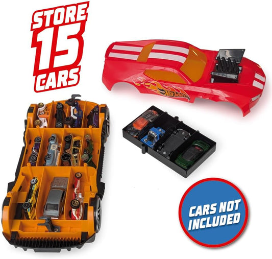 Hot Wheels Estojo para guardar carrinhos 2 em 1, modelo Race N' Haul, com rodas livres e alça retrátil - Capacidade para até 15 carrinhos (carrinhos não inclusos).