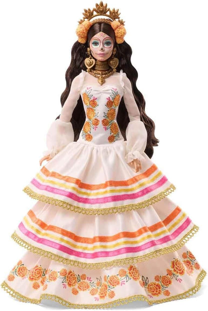 Barbie Signature Doll, Día De Muertos 2025 Collectible em vestido creme com babados, adornado com cravos-de-defunto e fita, coroa de flores e pintura facial de caveira, JBJ05