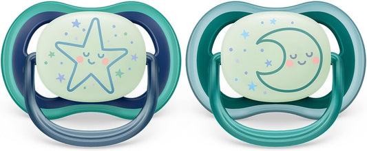 Philips Avent Chupeta Ultra Air - 2 chupetas leves e respiráveis que brilham no escuro para bebês de 6 a 18 meses, sem BPA com estojo de transporte esterilizador (modelo SCF376/13)