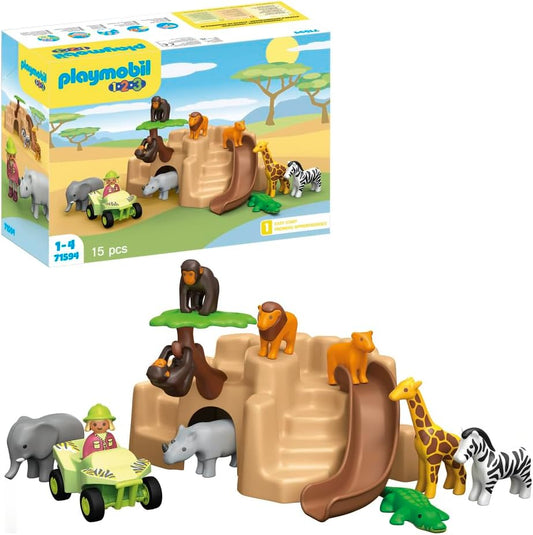 Playmobil 71594 1.2.3: Aventura en la Vida Salvaje con Varios Animales, ATV y Tobogán, Juguete Educativo para que los niños pequeños descubran las Funciones básicas, Set Adecuado para niños a Partir de 12 Meses
