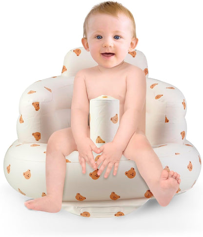 PandaEar Cadeirinha inflável para bebês a partir de 3 meses, cadeira inflável para bebês e crianças pequenas com bomba de ar embutida para que possam sentar, estampa de urso.