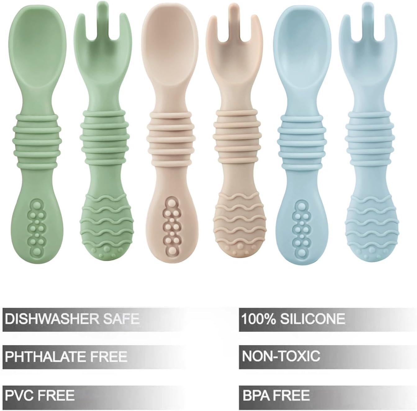 PandaEar Conjunto de 6 colheres e garfos de silicone para bebês, colheres para alimentação assistida, talheres para bebês de 4 a 6+ meses, colheres e garfos para alimentação infantil, livres de BPA, primeira fase.