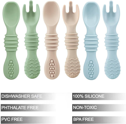 PandaEar Conjunto de 6 colheres e garfos de silicone para bebês, colheres para alimentação assistida, talheres para bebês de 4 a 6+ meses, colheres e garfos para alimentação infantil, livres de BPA, primeira fase.