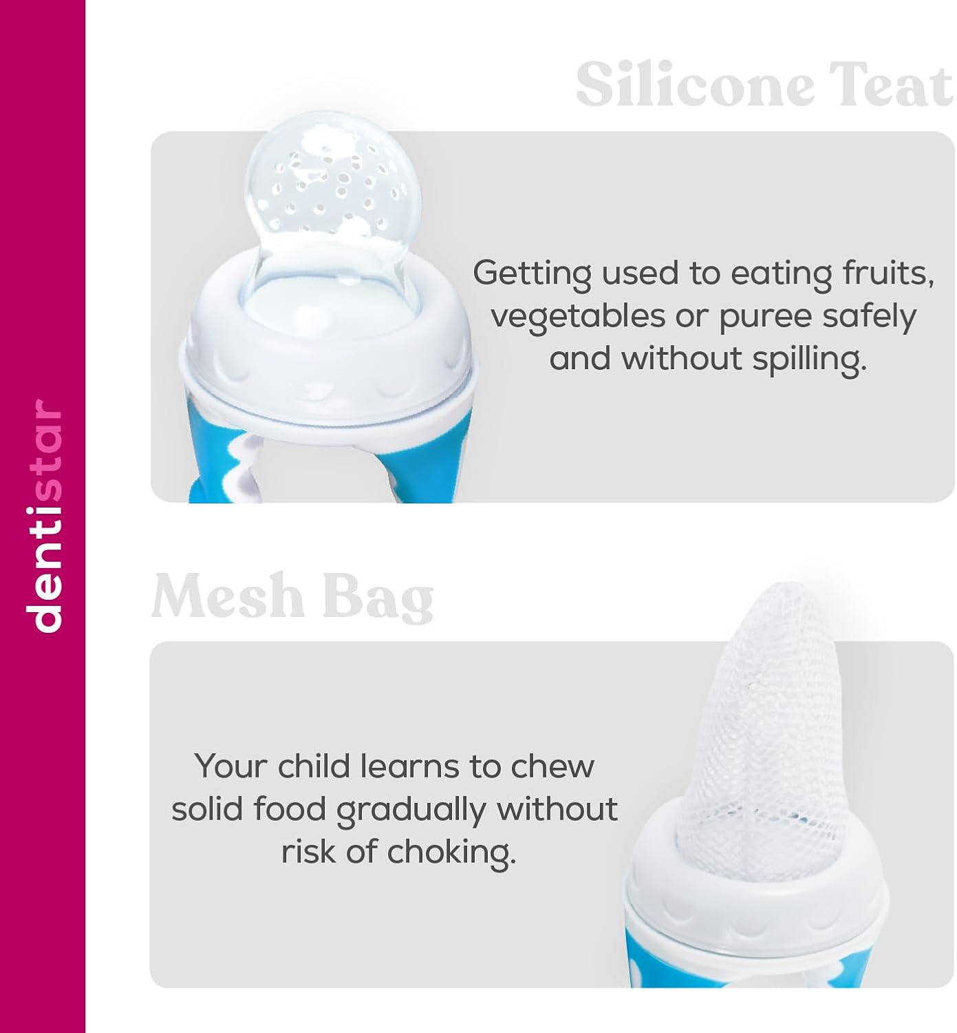 dentistar Comedouro de silicone para frutas e vegetais para bebês - a partir de 6 meses - pacote de 2 - conjunto de 5 peças (tampa protetora, tetina de silicone, rede, anel de parafuso, alça) - sem BPA - azul
